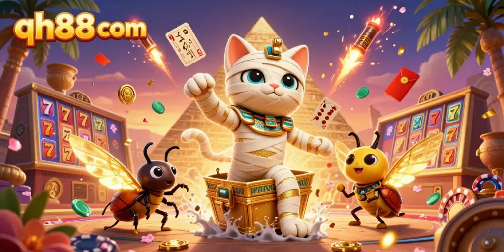 Engage with qh88 com through an exciting scene of a cartoon Egyptian mummy cat in a casino.