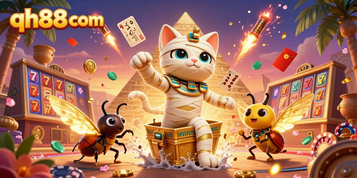 Engage with qh88 com through an exciting scene of a cartoon Egyptian mummy cat in a casino.