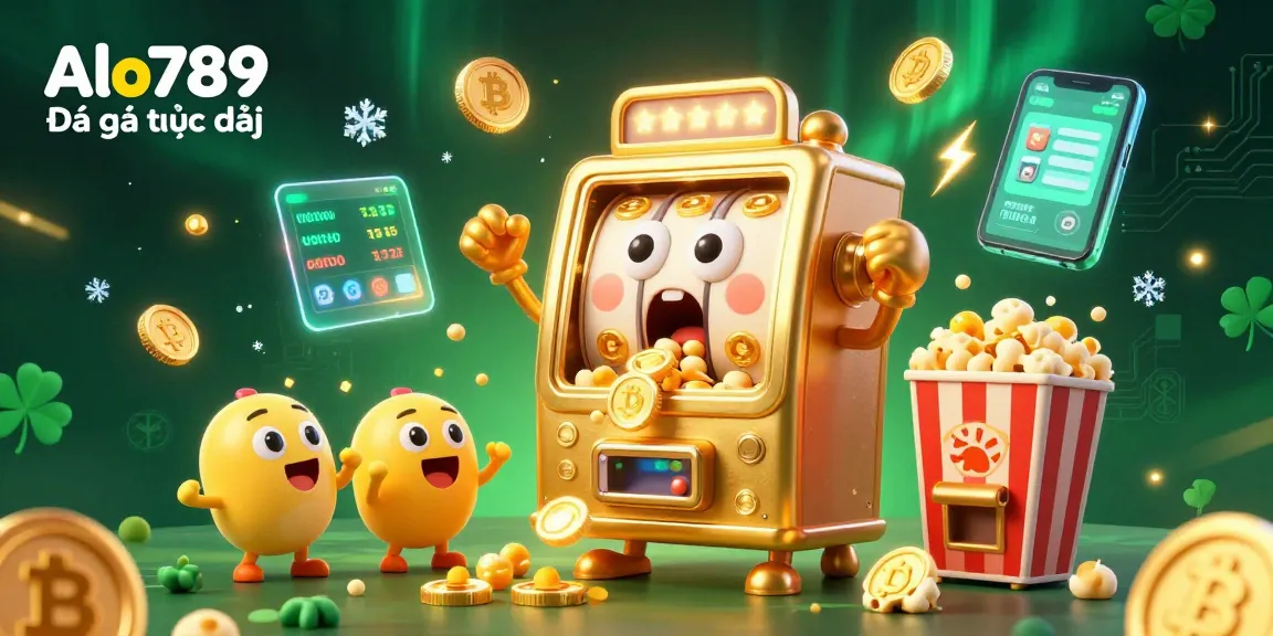 Alo789 Đá gà trực tiếp features a cartoon golden slot machine celebrating a jackpot amidst vibrant casino elements.