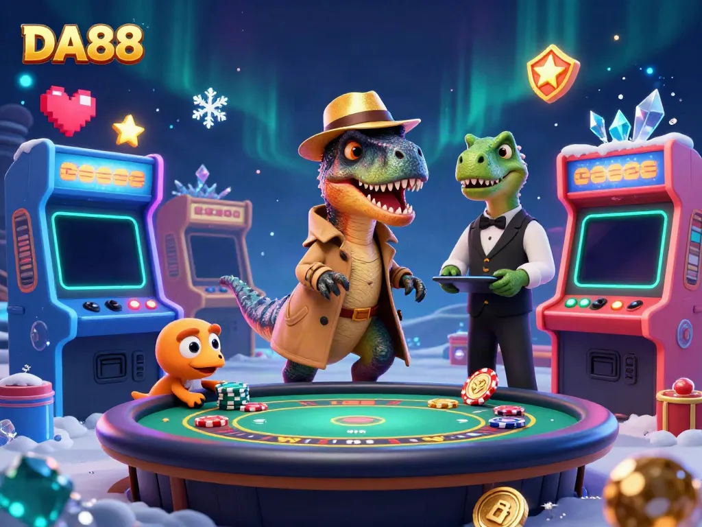 Join the action at DA88 with a velociraptor card counter amidst a thrilling casino scene.