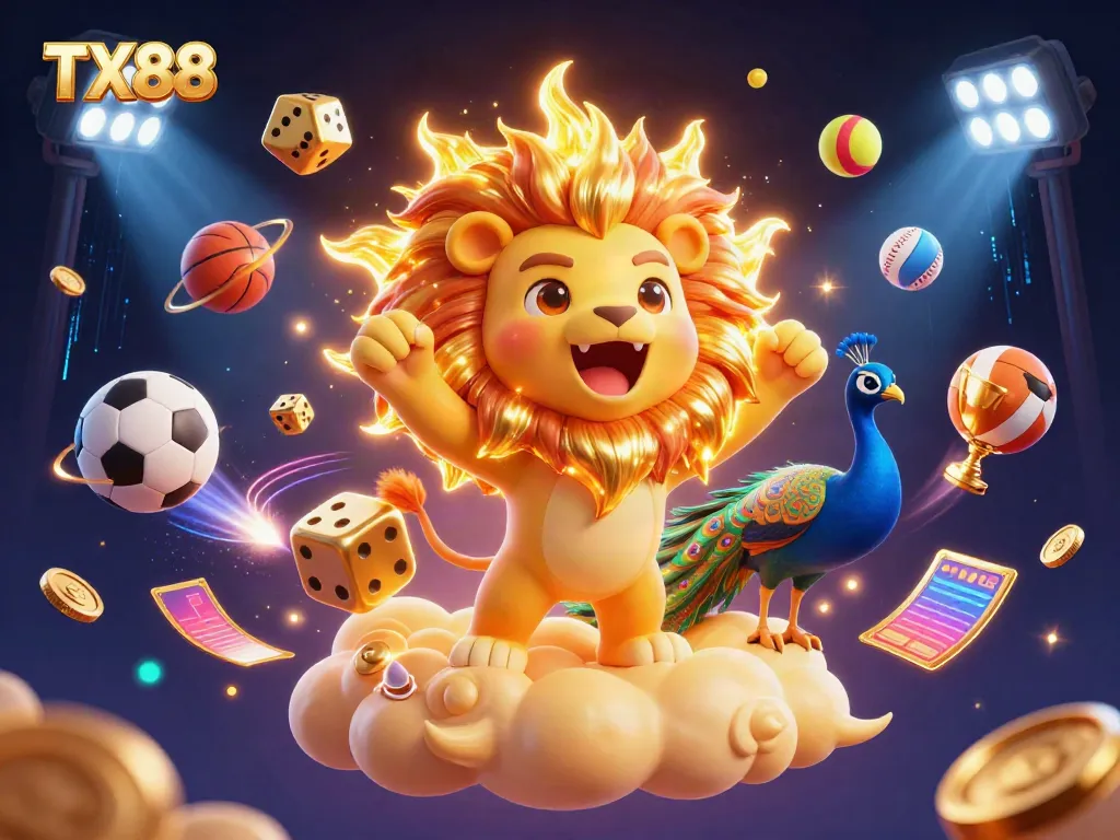 Experience exciting gaming with TX88, featuring dynamic casino elements and a lively 3D design.