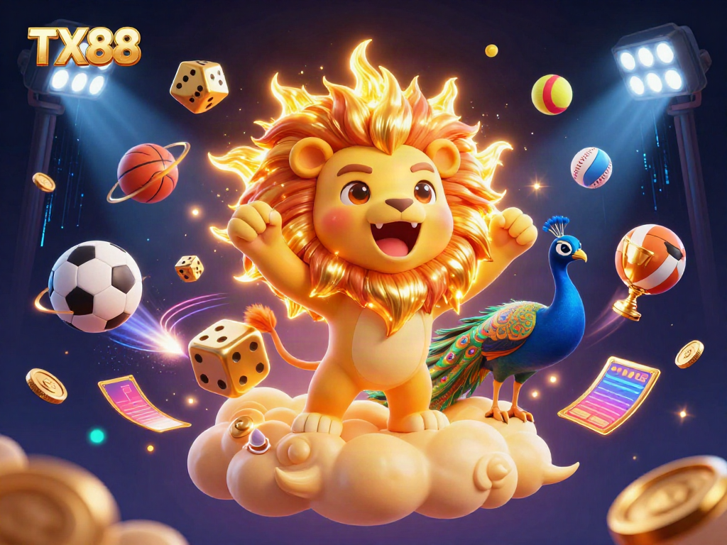 Experience exciting gaming with TX88, featuring dynamic casino elements and a lively 3D design.