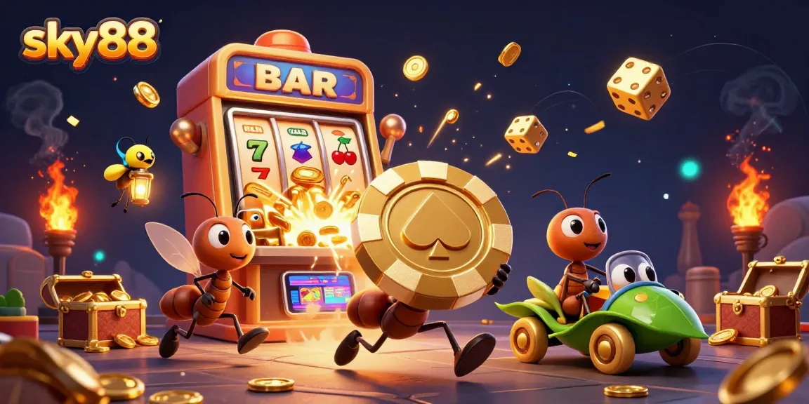 Sky88 ants conduct a heist with a golden poker chip in an exciting gambling scenario.