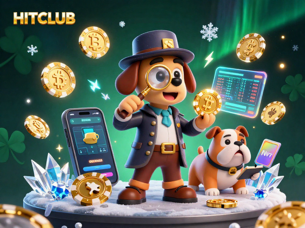 HITCLUB detective and bulldog uncovering poker chips clues while navigating a vibrant casino.