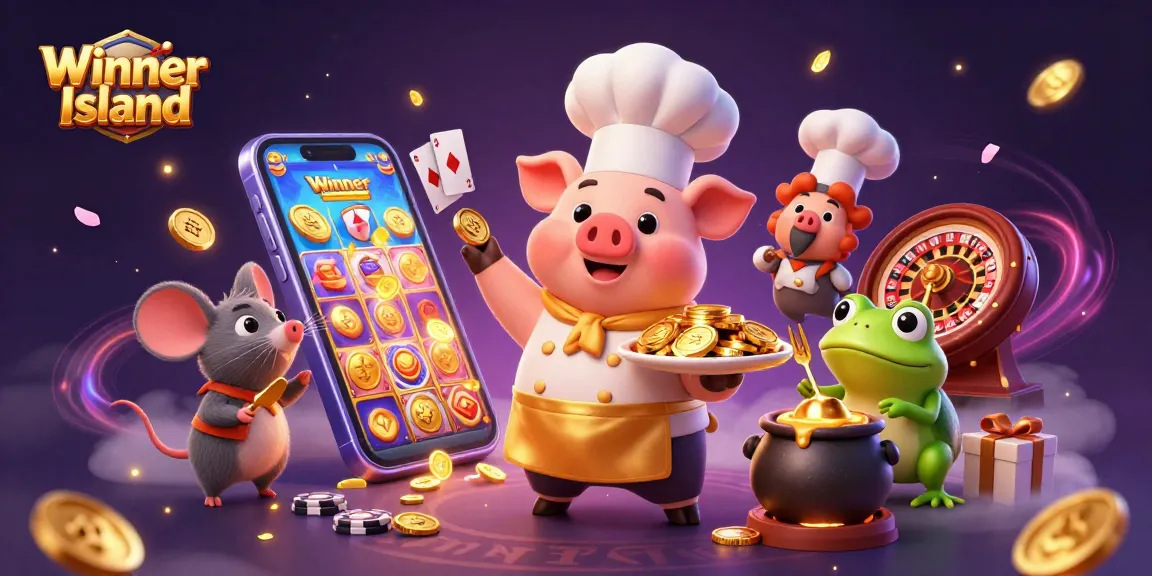 Winner Island brings a vibrant casino atmosphere with a chef pig and gold coins in a lively 3D scene.