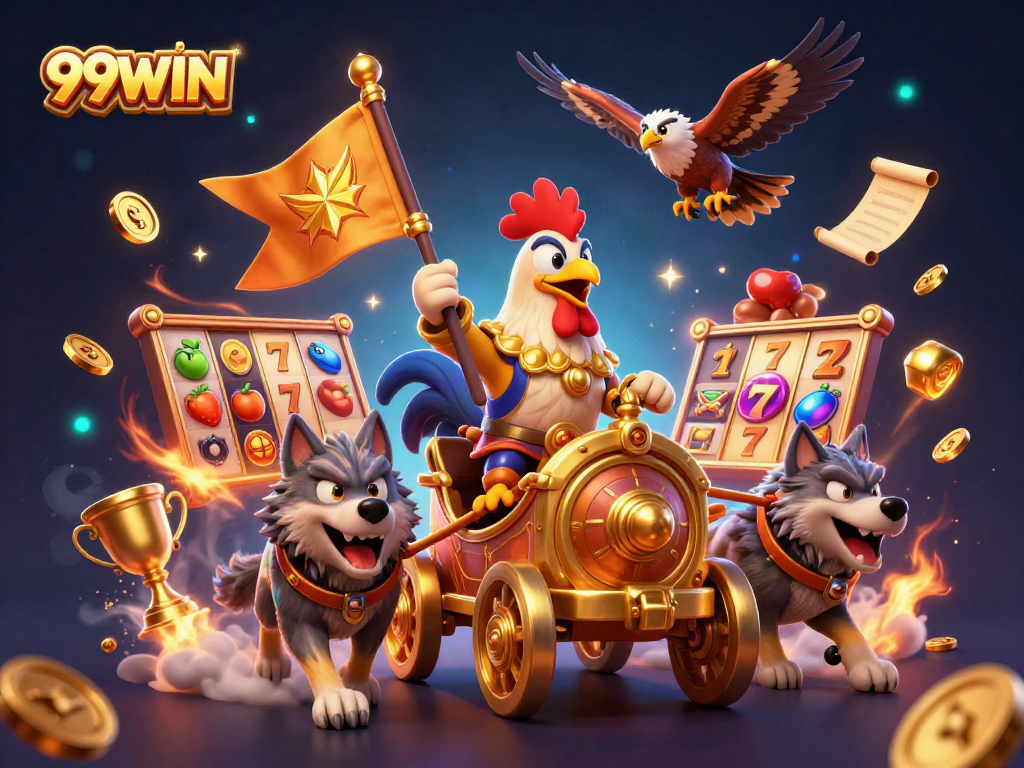Experience thrilling slots with 99WIN in this dynamic, colorful casino illustration featuring a warlord and his companions.