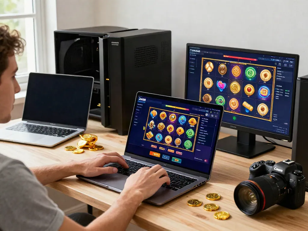Engaging with DA88 online gaming platform at home, showcasing exciting slot game graphics.