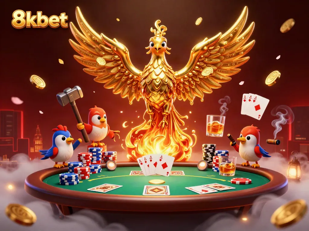 Experience excitement with 8xbet in a vibrant casino scene featuring molten gold phoenix and poker elements.