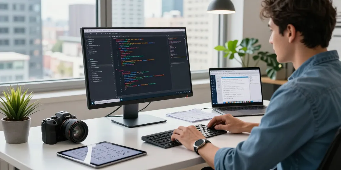 Download WPS Office in a modern coding workspace with developer at desk, showcasing productivity.