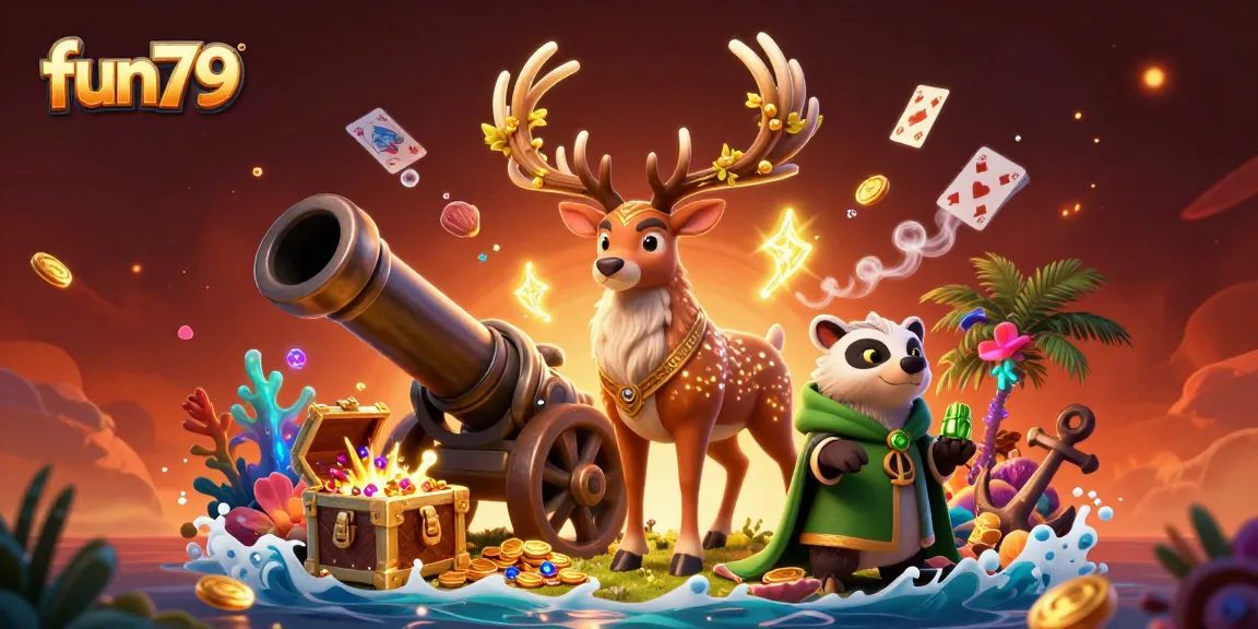 Win big at fun79 with dynamic casino themes, featuring a vibrant druid stag and elements of rich treasures.