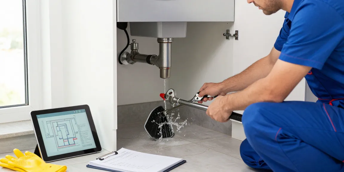 Afvoer verstopt in de keuken, professionele loodgieter repareert verstopping met gereedschap.