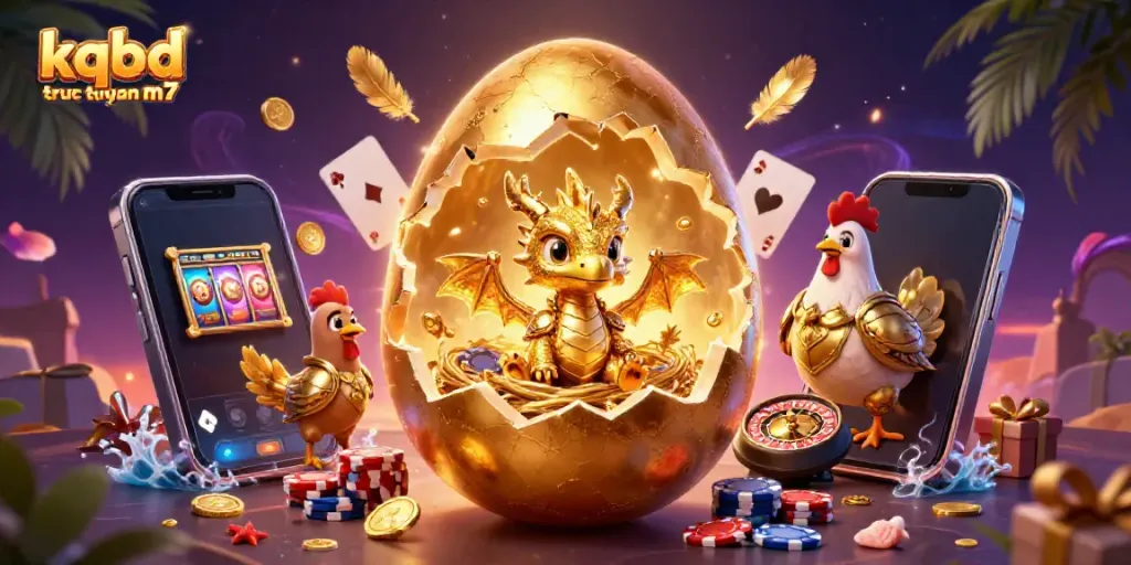 Engage with kqbd truc tuyen m7, showcasing a golden dragon among casino elements and dynamic gaming visuals.