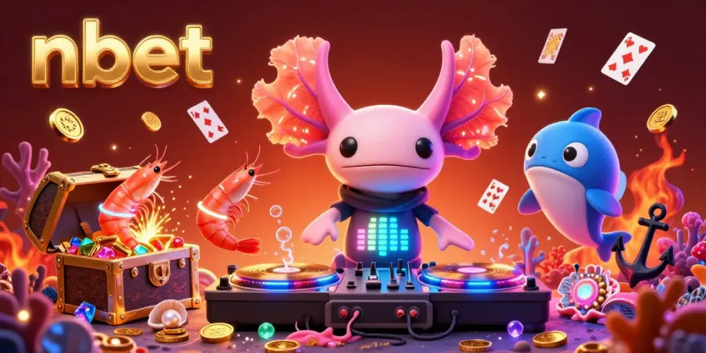 Experience nbet's vibrant underwater casino with a lively axolotl DJ and colorful game elements.