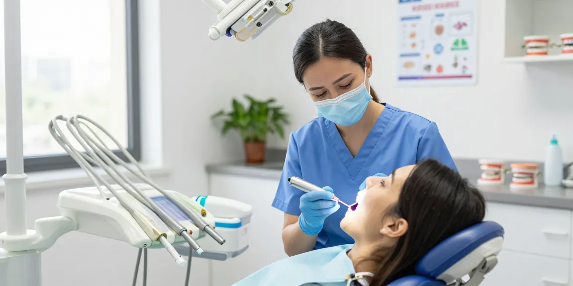Professionele gebitsreiniging Nijmegen in een moderne tandartspraktijk met vriendelijke mondhygiënist.