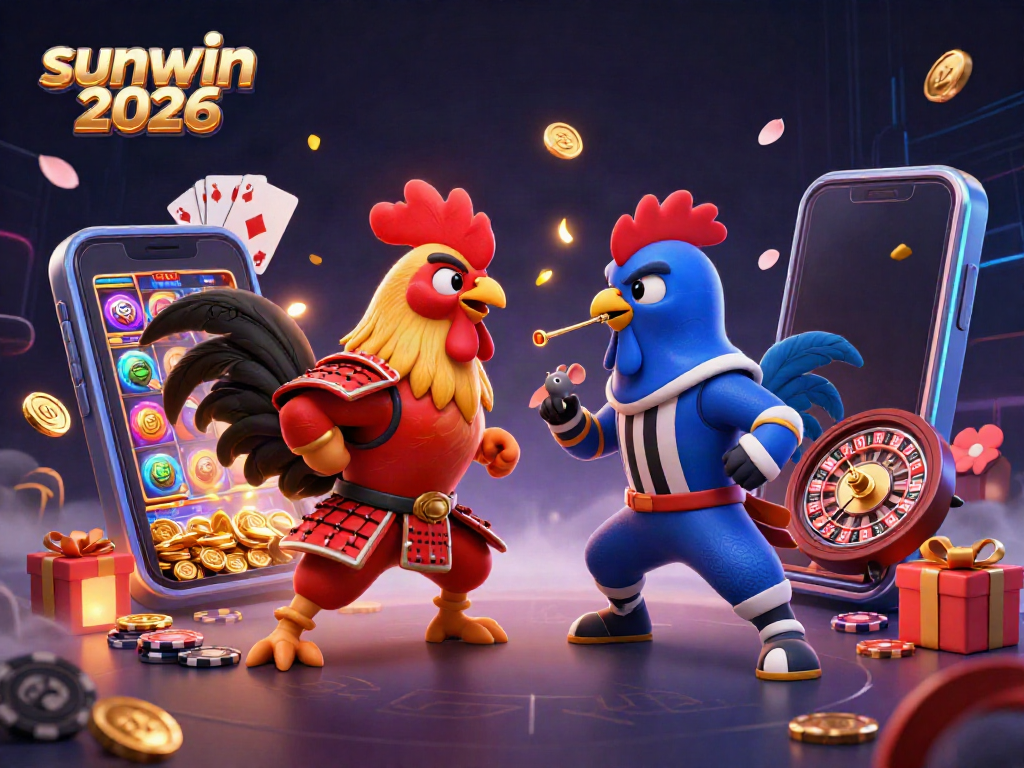 Engage in thrilling action with sunwin 2026 featuring battling roosters amidst vibrant casino elements.