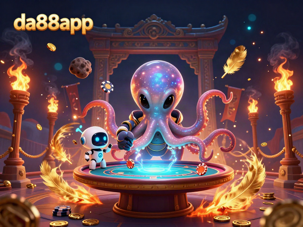 Bet on excitement with da88app featuring a colorful alien octopus at a holographic poker table, enriched gaming atmosphere.