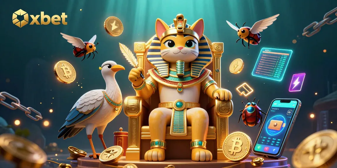 Experience the thrill of Oxbet with a vibrant 3D illustration showcasing Egyptian characters amidst crypto casino elements.