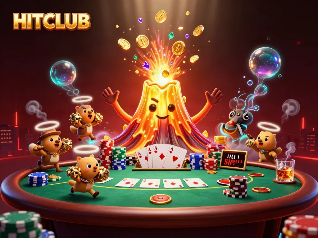 Engage in thrilling gameplay at HITCLUB with an erupting treasure volcano and poker excitement.