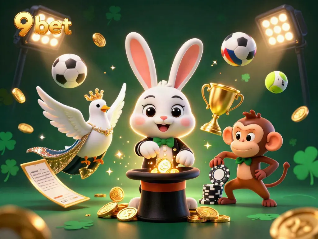 Experience the thrill of 9bet with a vibrant 3D casino illustration showing lively characters and gaming elements.