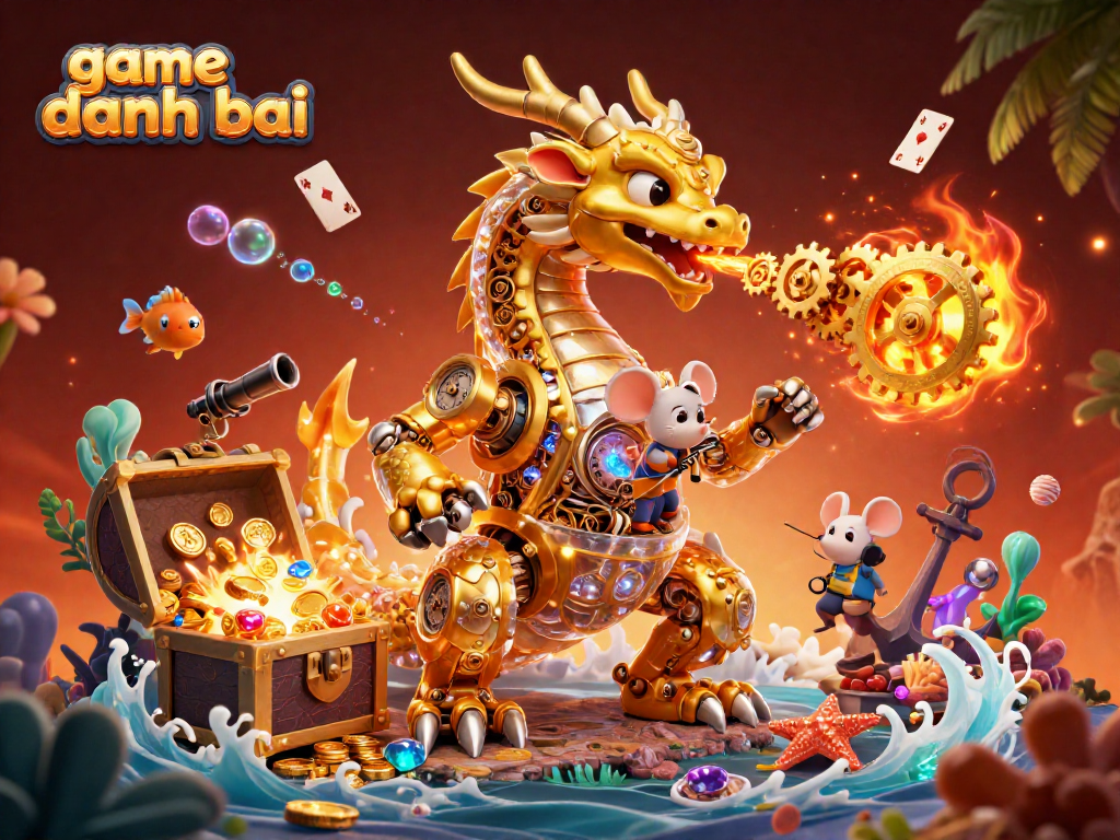 Explore the vibrant world of game danh bai with a golden dragon and immersive casino elements in this dynamic illustration.