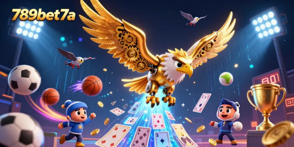 Bet on sports at 789bet7a with dynamic gaming action featuring a golden eagle amidst vibrant elements.