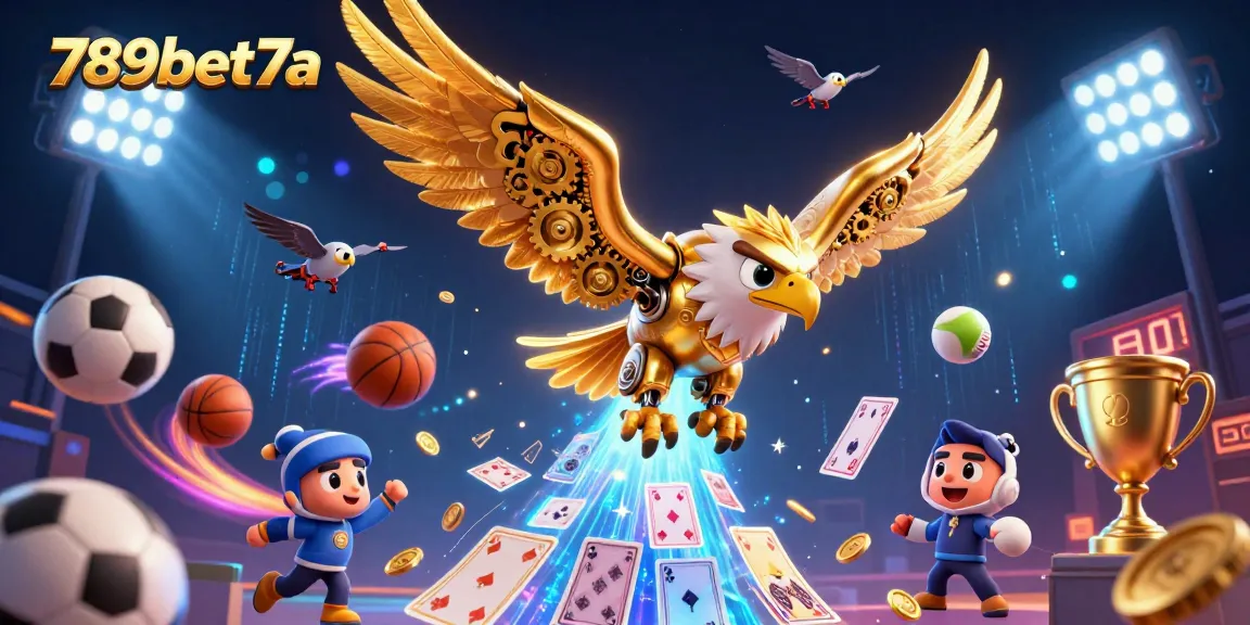 Bet on sports at 789bet7a with dynamic gaming action featuring a golden eagle amidst vibrant elements.