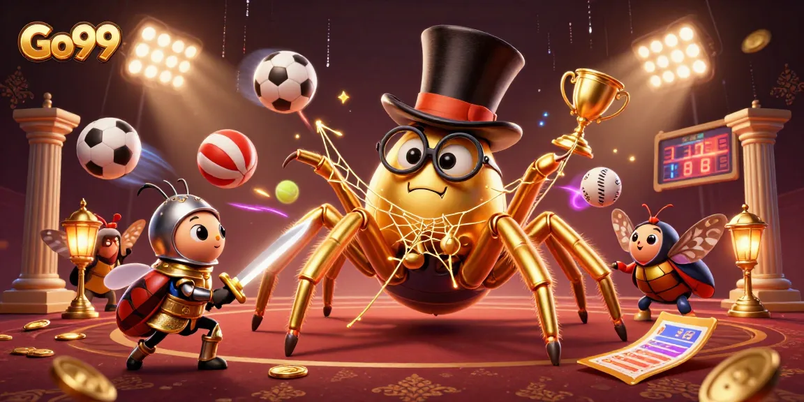Engage with Go99's thrilling casino adventure featuring a golden tarantula, beetle knight, and lively sports elements.