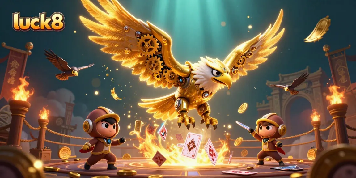 Experience luck8's thrilling casino adventure with a golden eagle soaring through holographic cards.