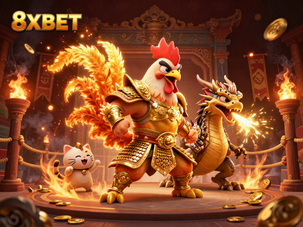 Experience thrilling adventures with 8XBET's vibrant fighting rooster and dragon in an engaging scene.
