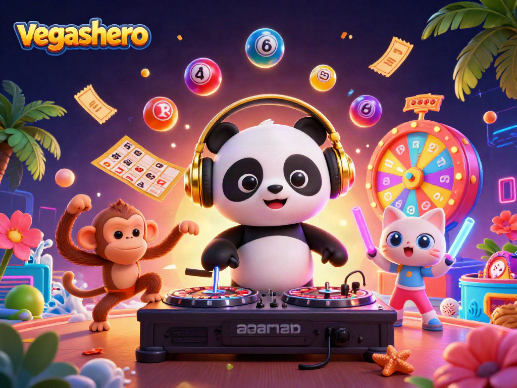 Experience thrilling action at VegasHero with iconic gaming characters and prizes in a vibrant casino setting.