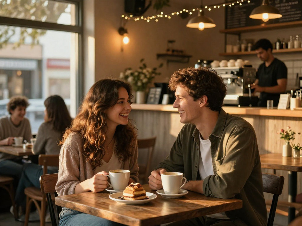 A couple enjoying a warm moment at F168 coffee shop, laughing over coffee and pastries.