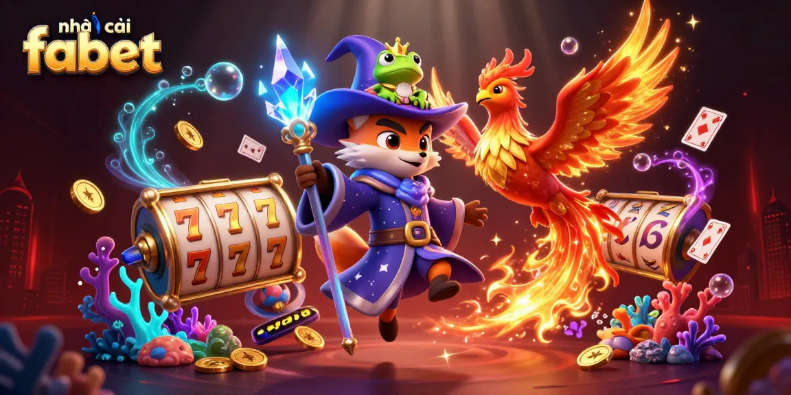 Engage with the vibrant world of nhà cái fabet featuring a wizard fox and slot games amidst dynamic golden elements.