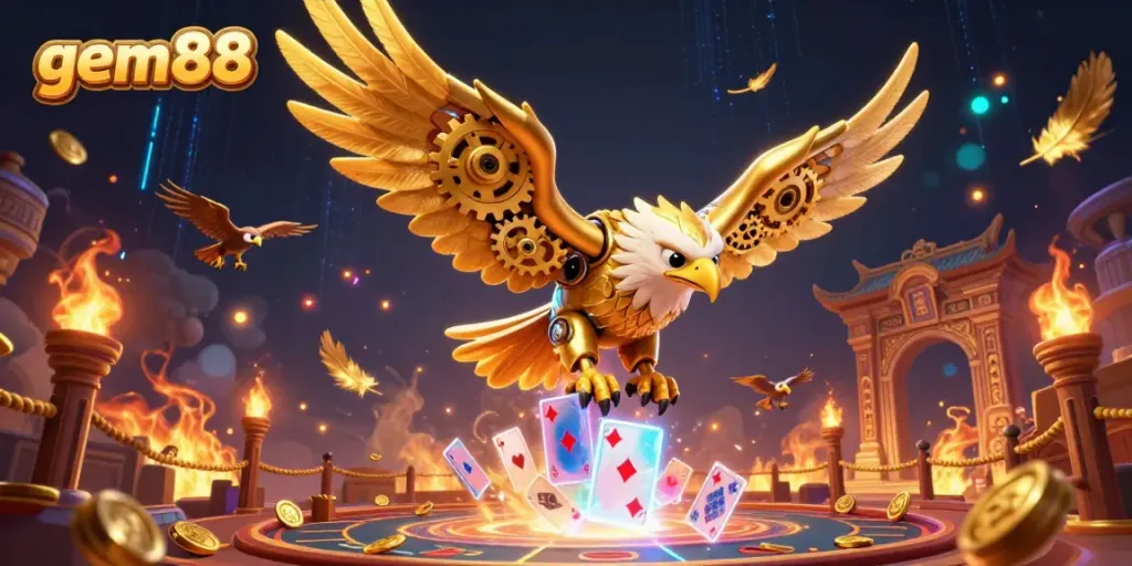 Engage with gem88's thrilling casino experience featuring a golden eagle amidst holographic playing cards.
