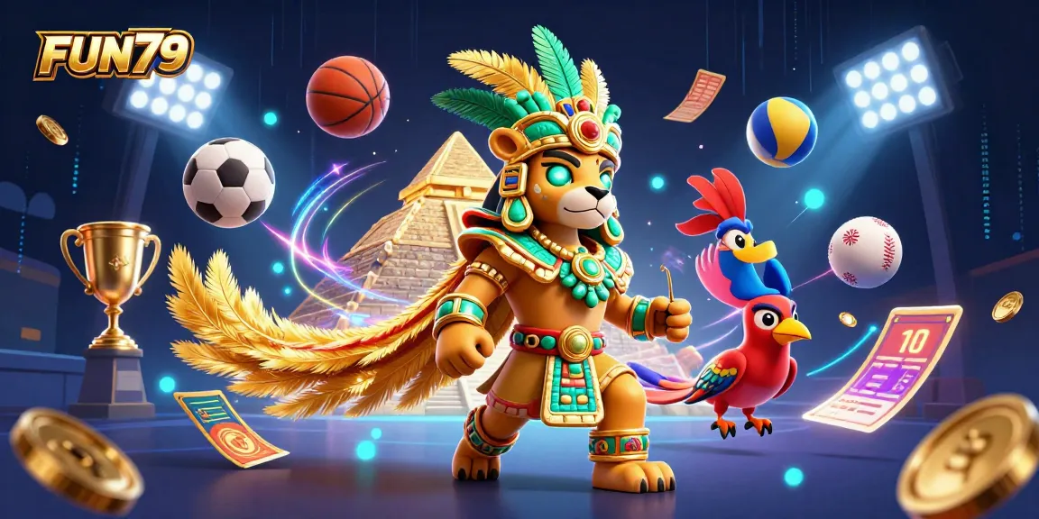 Bet on thrilling games with FUN79's dynamic 3D casino scene featuring exciting sports elements.
