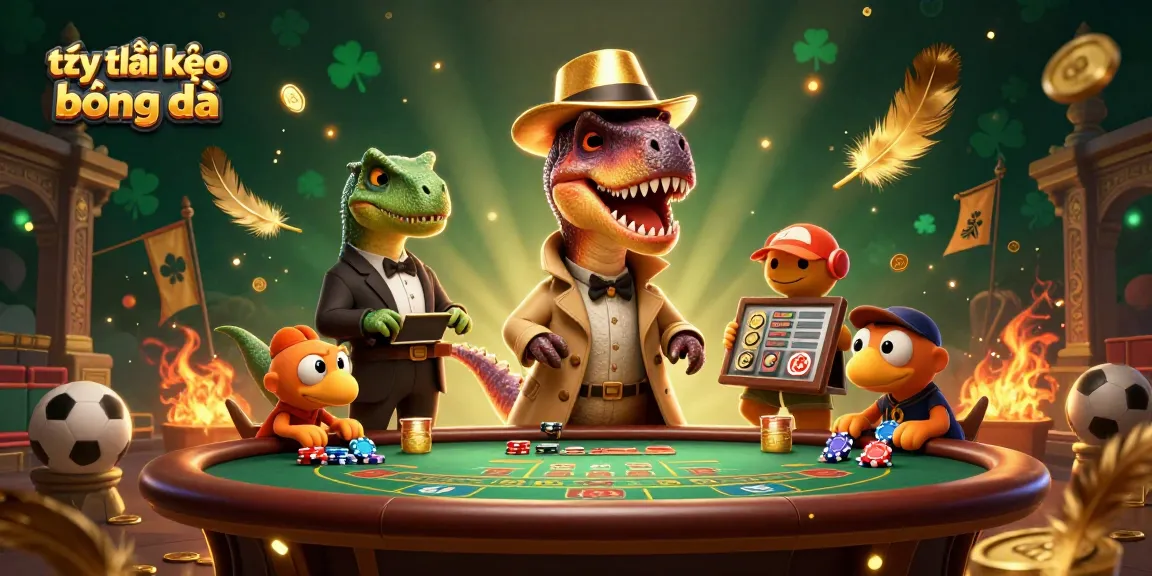 Engage with tỷ lệ kèo bóng đá through a dynamic illustration of a velociraptor at a blackjack table with sports elements.