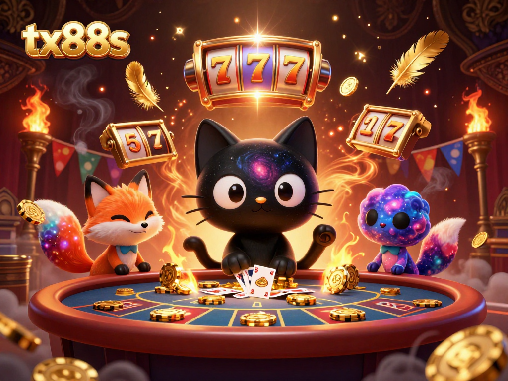 tx88s cosmic casino scene featuring a black hole cat and a nebula fox amidst golden slot elements.