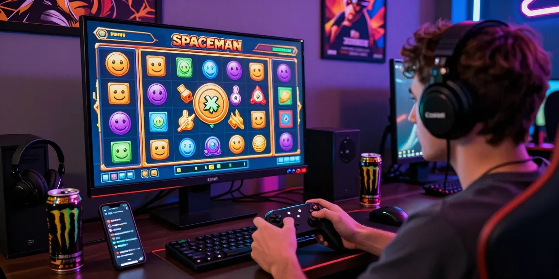 Permainan slot spaceman di layar besar, dengan gamer yang antusias dan peralatan gaming di sekitarnya.