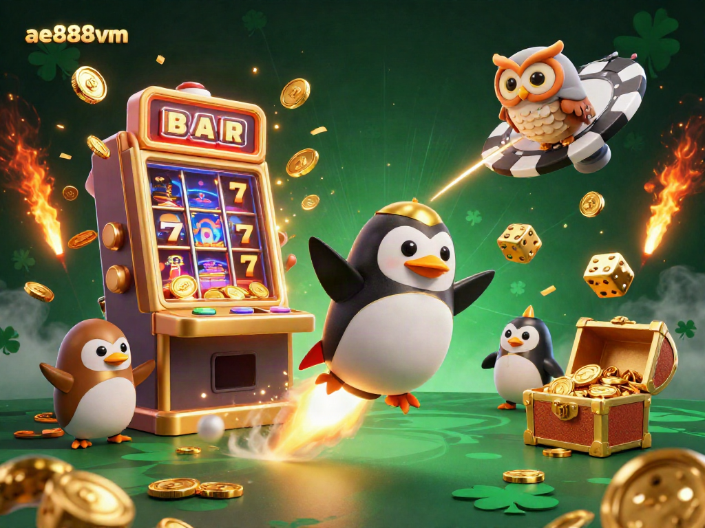 Experience the thrill of ae888vm with a vibrant 3D casino scene featuring a golden penguin and jackpot symbols.