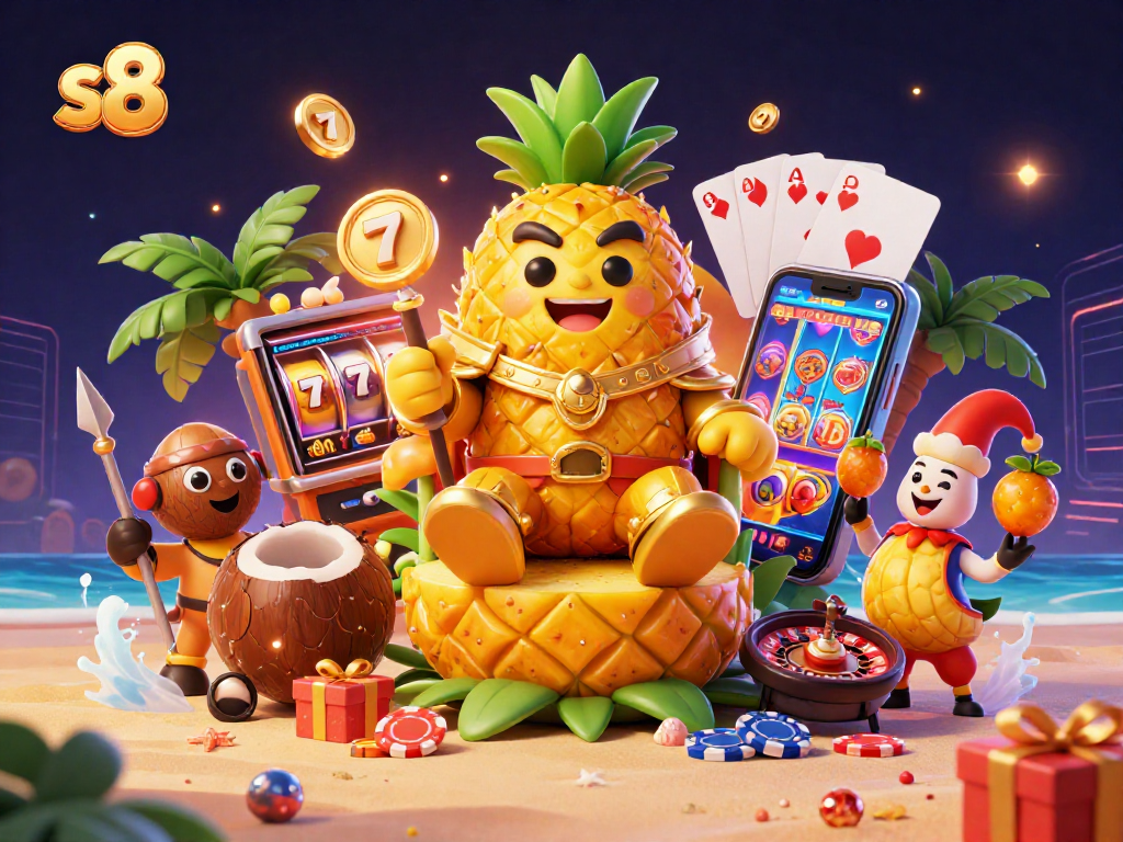 S8 casino features a vibrant scene with a pineapple king, casino elements, and lively characters.