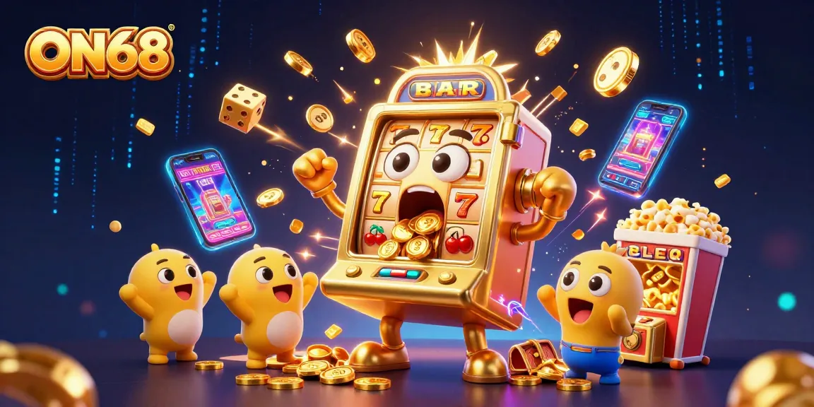 Spin the reels with ON68 at the vibrant casino scene, featuring a joyful golden slot machine and cheering baby slots.