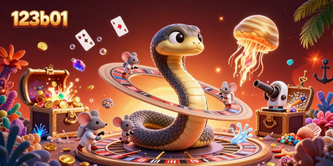 Bet big and win at 123b01 with a vibrant cosmic illustration featuring a roulette wheel and playful characters.