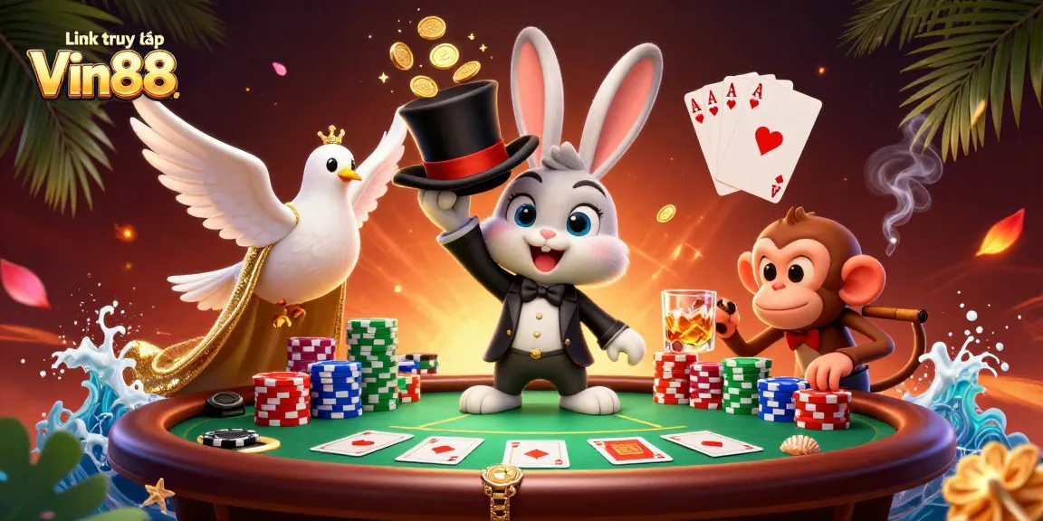 Win big with Link truy cập Vin88 in a vibrant 3D casino scene featuring a magician rabbit, dove, and monkey