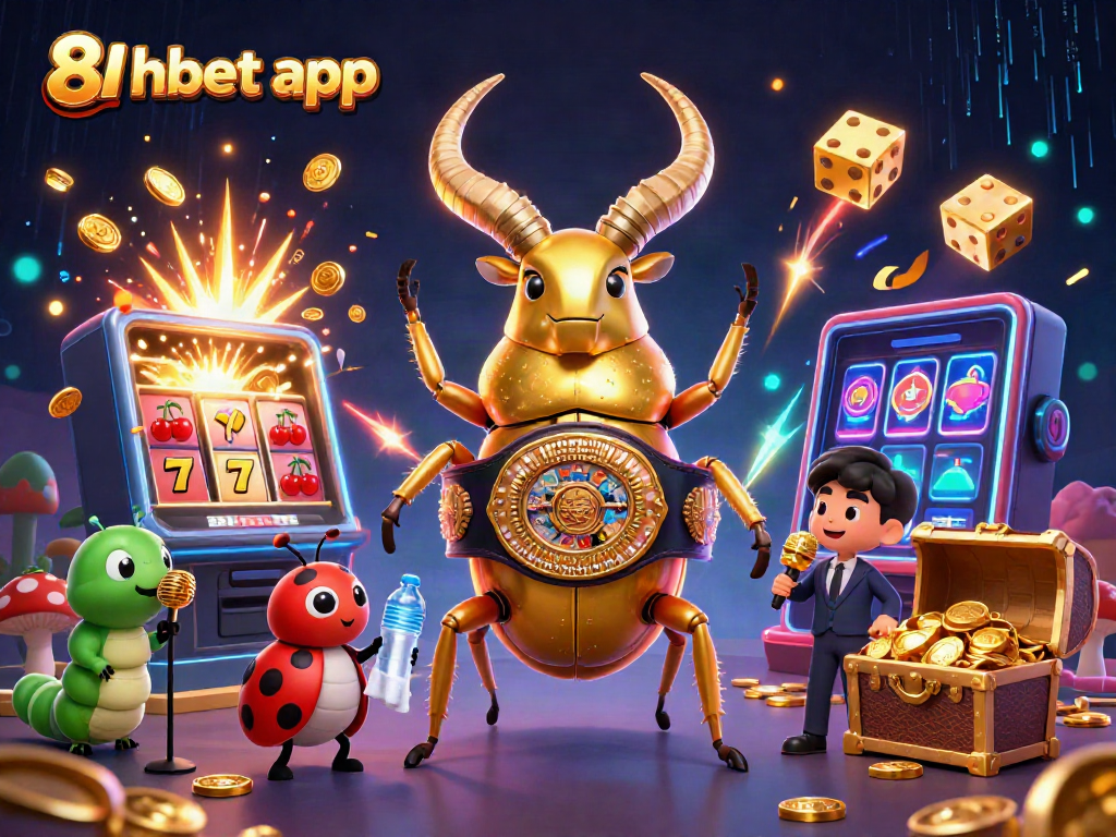 Engage with the 8xbet app in a vibrant 3D scene featuring a golden stag beetle champion and dynamic casino symbols.