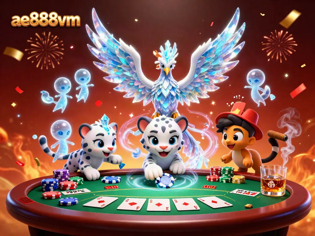 Experience the excitement of ae888vm with a lively 3D illustration featuring a phoenix and poker elements.