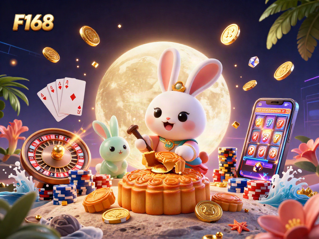 Engage at F168 with the moon rabbit and jade companion in a vibrant casino setting full of revelry.