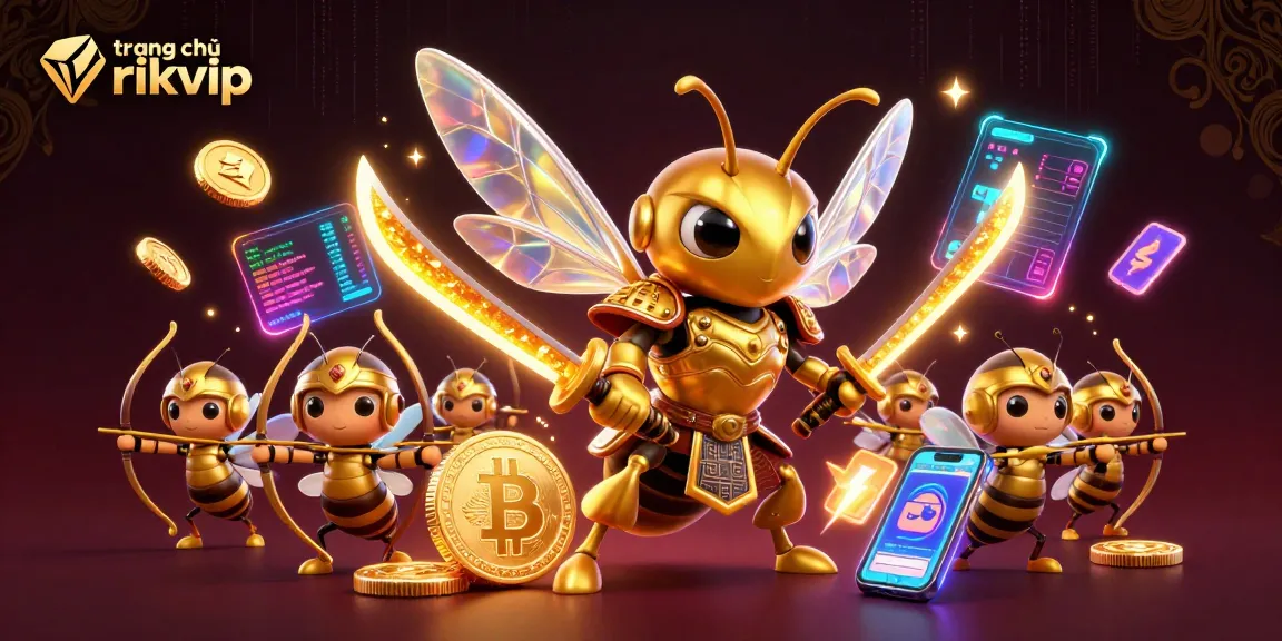 Win big on trang chủ rikvip with this vibrant 3D illustration featuring gaming elements and a majestic hornet