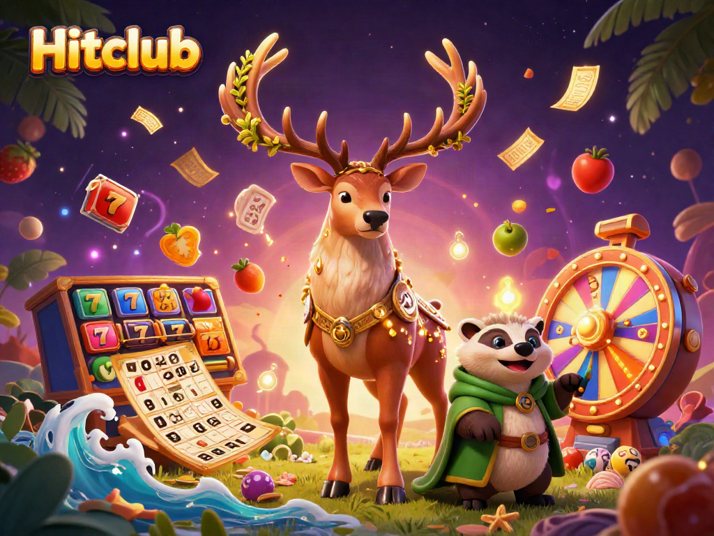 Hitclub stag and badger characters engaging in thrilling casino activities with vibrant slots and jackpots.
