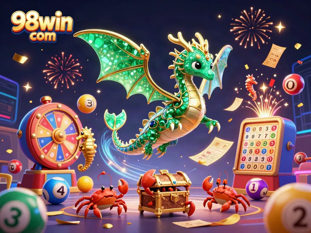 Experience exciting gaming with 98win com as a colorful sea dragon and dynamic lottery elements come to life.
