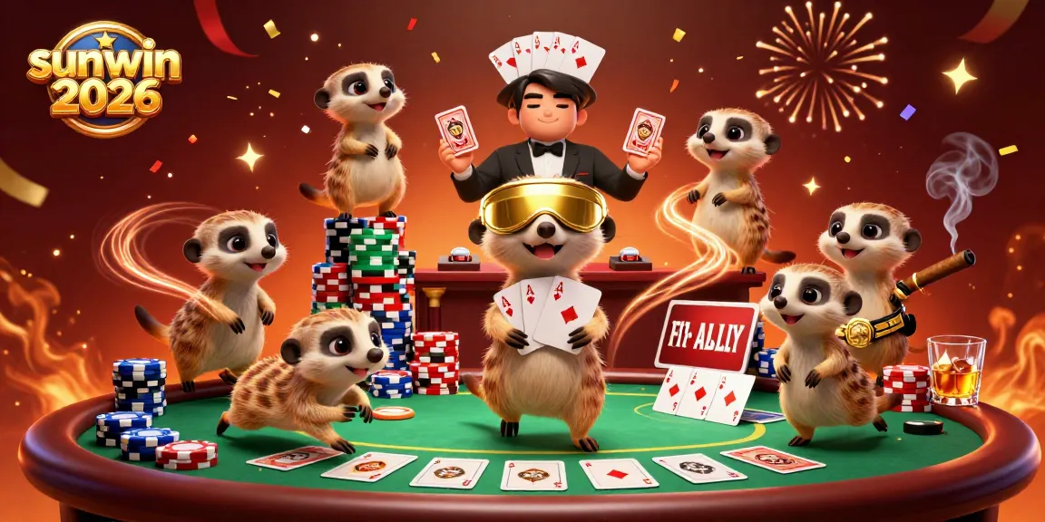 Experience the excitement of sunwin 2026 in a vibrant casino scene with meerkats and poker tables!