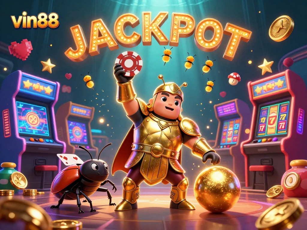 Experience vin88's thrilling jackpot with vibrant characters and casino elements in a dazzling 3D illustration.